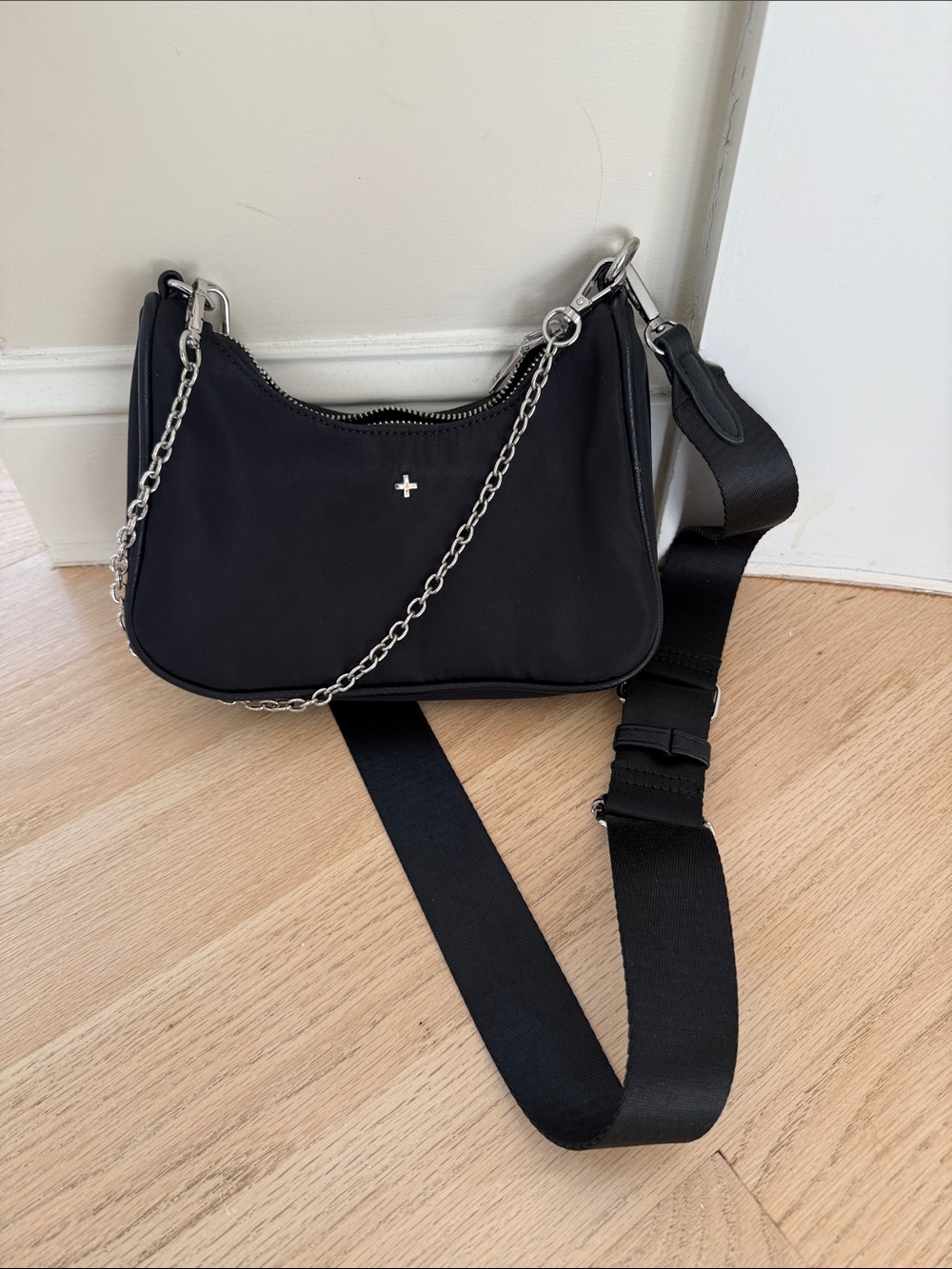 Peta + Jain Black Nylon Crossbody with Silver Chain and Wide Strap